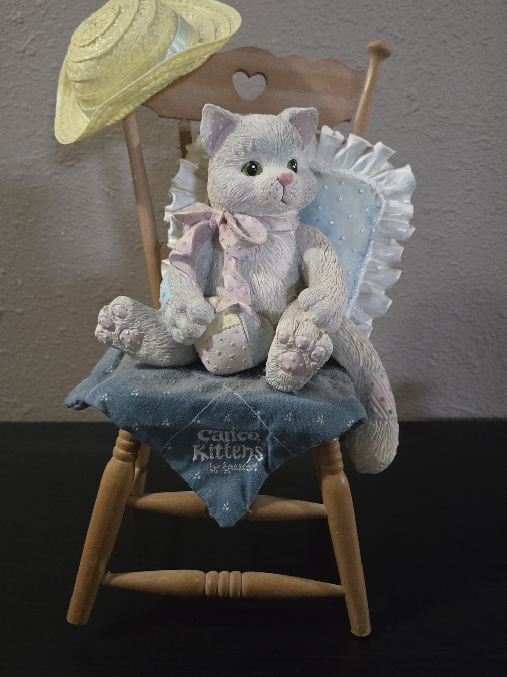 Calico Kittens Resin Kitten Figurine on Wooden Chair - White & Pastel Pink/Blue